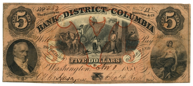 1858 Bank of the District of Columbia $5 Washington DC (L6289)