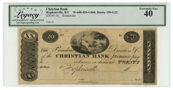 18XX Christian Bank Hopkinsville KY $20 Remainder LCG XF40 (L6313)
