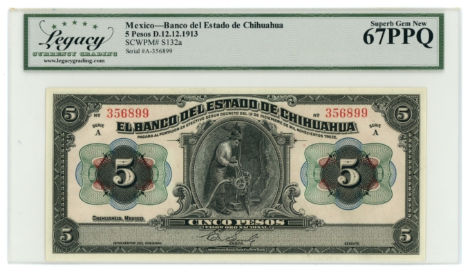 1913 Banco del Estado de Chihuahua 5 Pesos Mexico LCG Gem 67PPQ (L6314)