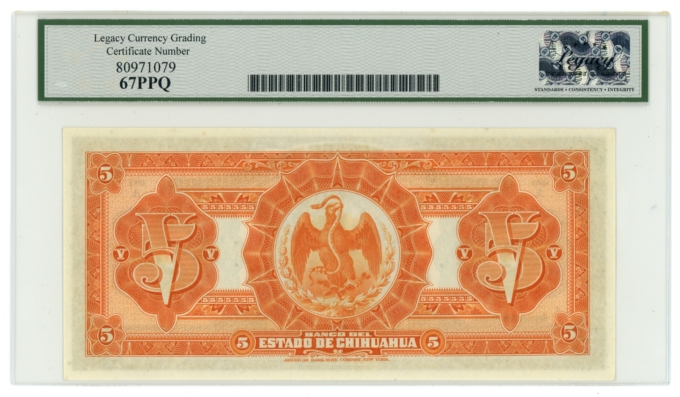 1913 Banco del Estado de Chihuahua 5 Pesos Mexico LCG Gem 67PPQ (L6314)