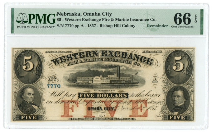 1857 Omaha City Nebraska $5 Western Exch. Fire & Ins. Co. PMG 66EPQ (L6316)