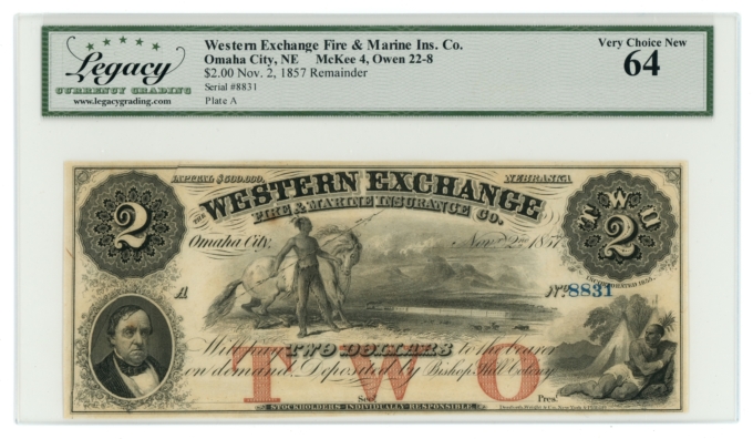 1857 Western Exch. Fire & Marine Ins. Co. Nebraska $2 NE LCG 64 (L6325)
