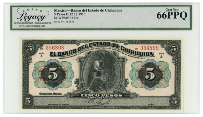 1913 Banco del Estado de Chihuahua 5 Pesos Mexico LCG 66PPQ (L6326)