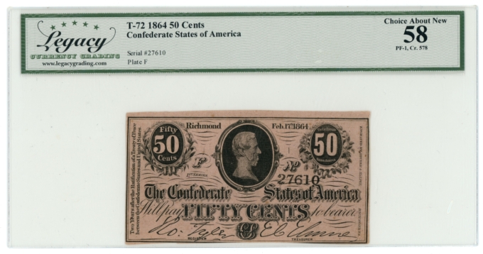 1864 T-72 PF-1 CR-578 CSA 50 Cents LCG AU58 (L6327)