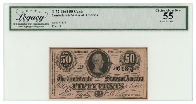 1864 T-72 PF-2 CR-579 CSA 50 Cents LCG AU55 (L6328)