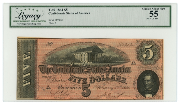 1864 T-69 PF-3 CR-559 CSA $5 LCG AU55 (L6329)