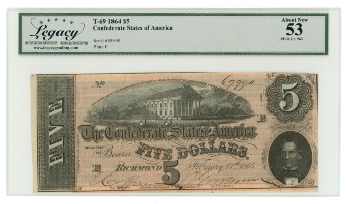 1864 T-69 PF-9 CR-563 CSA $5 LCG AU53 (L6332)