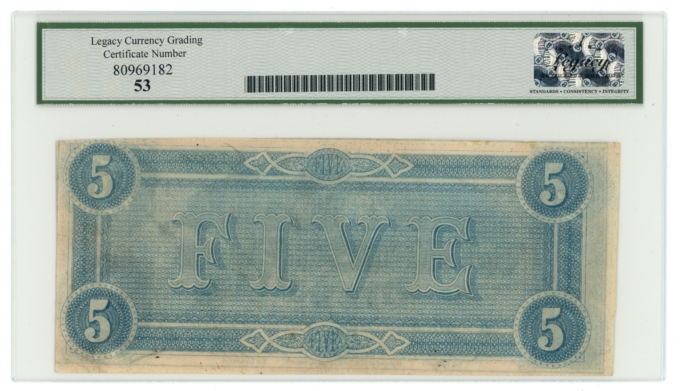 1864 T-69 PF-9 CR-563 CSA $5 LCG AU53 (L6332)