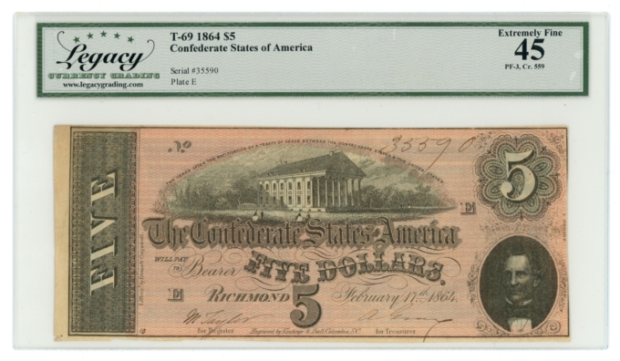 1864 T-69 PF-3 CR-559 $5 CSA LCG XF45 (L6335)