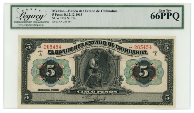 1913 Banco del Estado de Chihuahua 5 Pesos Mexico LCG 66PPQ (L6338)