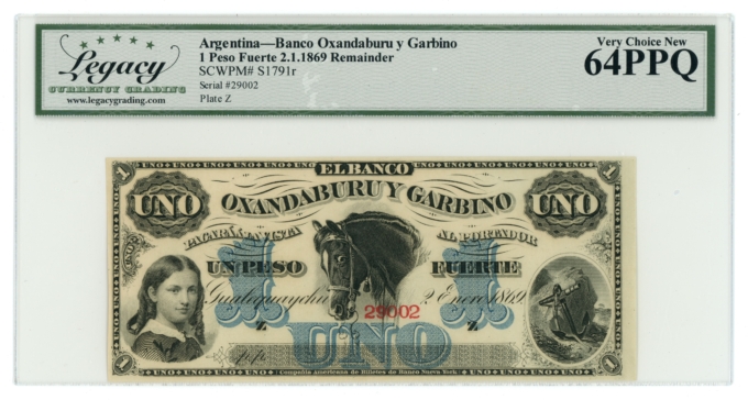 1869 Banco Oxandaburu y Garbino 1 Peso Argentina LCG 64PPQ (L6340)