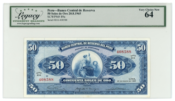 1965 Banco Central de Reserva 50 Soles Peru LCG 64 (L6341)