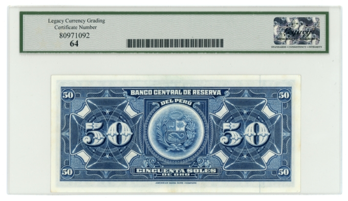 1965 Banco Central de Reserva 50 Soles Peru LCG 64 (L6341)