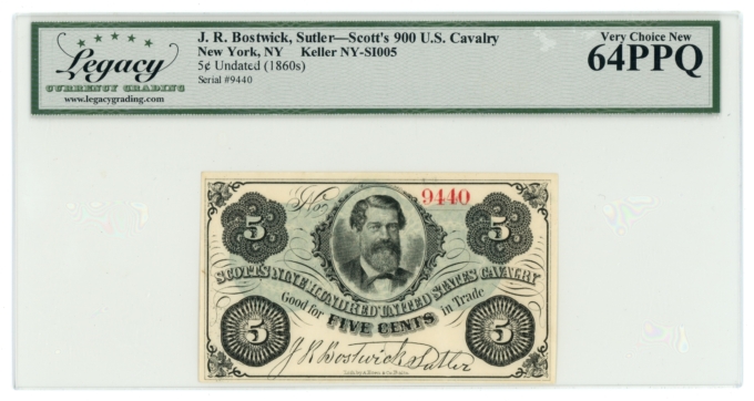 1860s J R Bostwick Sutler 5 cents Scotts 900 US Calvary LCG 64PPQ (L6342)