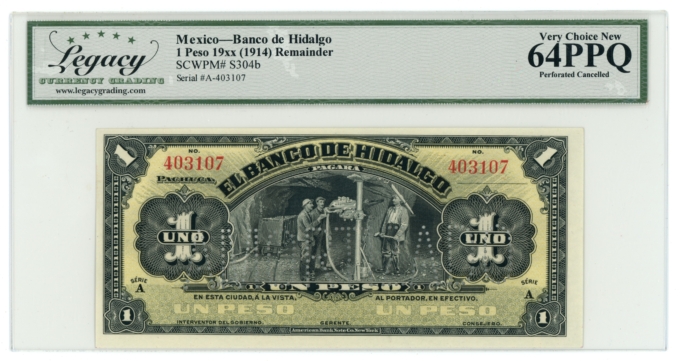 1914 banco de Hidalgo 1 Peso Mexico Remainder LCG 64PPQ (L6347)