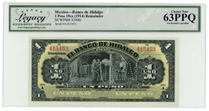 1914 Banco de Hidalgo Mexico 1 Peso Remainder LCG 63PPQ (L6319)