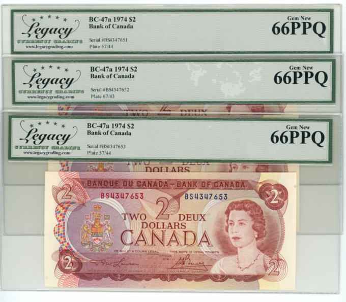 1974 Bank of Canada $2 3 in sequence LCG 66PPQ