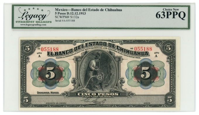 1913 Banco del Estado de Chihuahua Mexico 5 Pesos LCG UNC 63PPQ S-132a (L6351)
