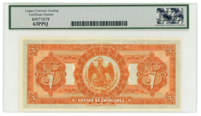 1913 Banco del Estado de Chihuahua Mexico 5 Pesos LCG UNC 63PPQ S-132a (L6351)