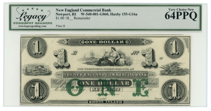 18XX New England Commercial Bank Newport RI $1 Obsolete LCG UNC 64PPQ (L6353)