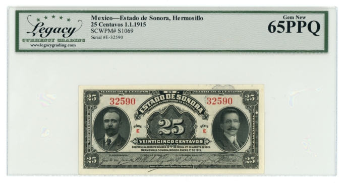 1915 Estado de Sonora Hermosillo Mexico 25 Centavos LCG UNC 65PPQ S-1069 (L6354)
