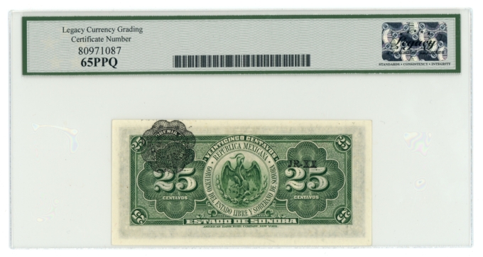 1915 Estado de Sonora Hermosillo Mexico 25 Centavos LCG UNC 65PPQ S-1069 (L6354)