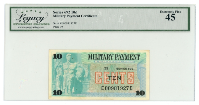 Series 692 10c Military Payment Certificate E00981927E LCG XF45 (L6355)