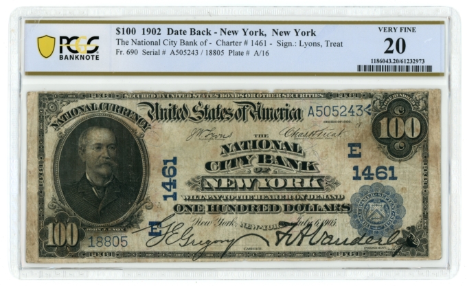 1902DB $100 National City Bank of New York CH1461 PCGS VF20 (L6366)
