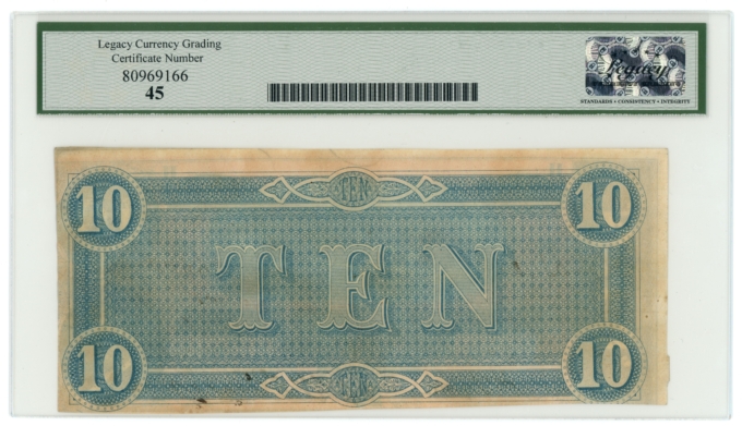 T-68 1864 Confederate States of America CSA $10 PF-39 CR-UNL LCG XF45 (65432)