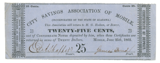 1862 City Savings Association of Mobile Alabama AL 25c Scrip R189-3 R6 (65435)