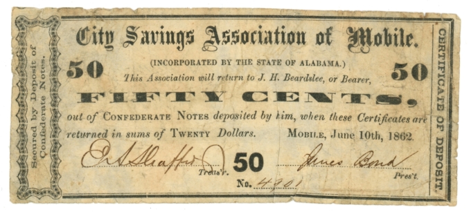 1862 City Savings Association of Mobile Alabama AL 50c Scrip R189-4 R7 (65434)