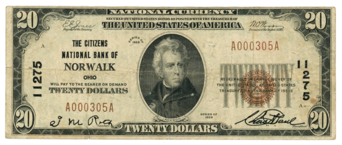1929 Ty.1 Citizens National Bank of Norwalk OH $20 NBN CH#11275 (65454)
