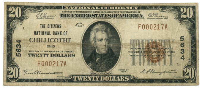 1929 Ty.1 Citizens National Bank of Chillicothe OH $20 NBN Ch#5634 (65455)