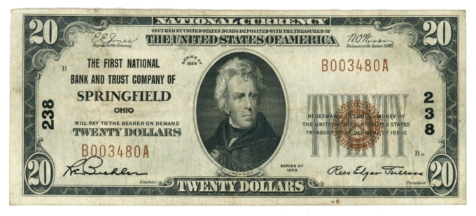 1929 Ty.1 First National Bank & Trust Co. of Springfield OH $20 NBN Ch#238 65458