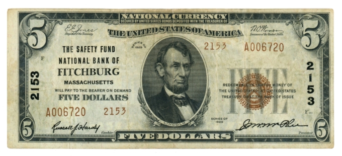 1929 Ty.2 Safety Fund National Bank of Fitchburg MA $5 NBN Ch#2153 (65459)