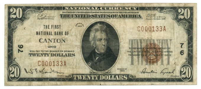 1929 Ty.1 First National Bank of Canton OH $20 NBN Ch#76 - 2 Digit Charter 65461