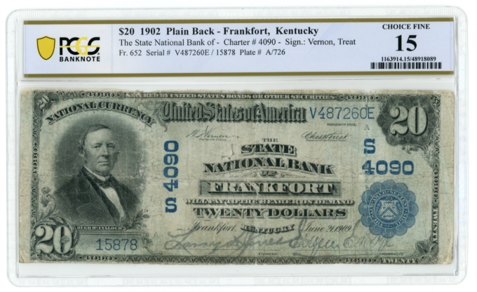 1902 State National Bank of Frankfort KY $20 NBN Ch#4090 PCGS F15 (65464)