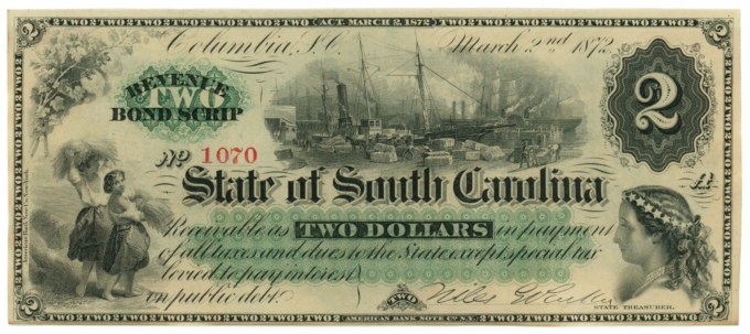 1872 State of South Carolina Columbia SC $2 Obsolete CR-4 High Grade (65467)