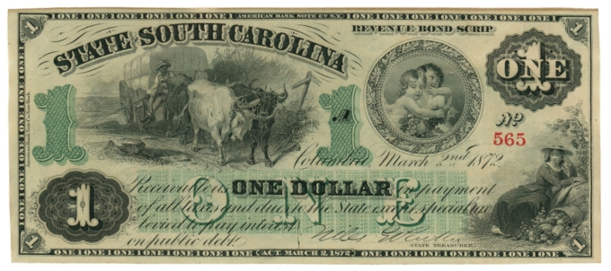 1872 State of South Carolina Columbia SC $1 Obsolete Note CR-3 (65466)