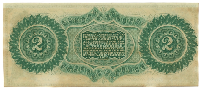 1872 State of South Carolina Columbia SC $2 Obsolete CR-4 High Grade (65467)