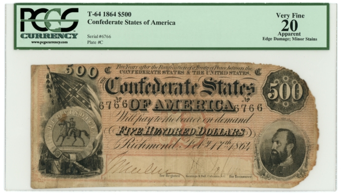 T-64 1864 Confederate States of America CSA $500 Note PCGS VF20 Apparent (65473)