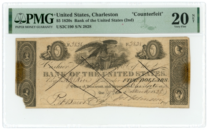 1828 Bank of the United States Charleston Branch SC $5 CTFT PMG 20 NET (65475)