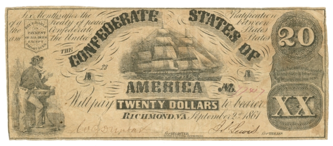 T-18 1861 Confederate States of America CSA $20 Note No.77417 (65510)