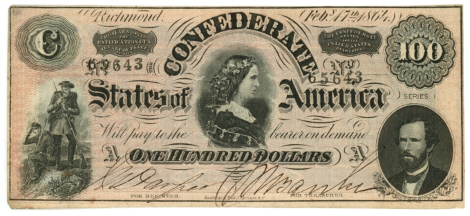 T-65 1864 Confederate States of America CSA $100 Note No.65643 (65516)