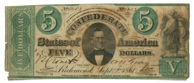 T-33 1861 Confederate States of America CSA $5 Note PF-1 CR-250Ba (65519)