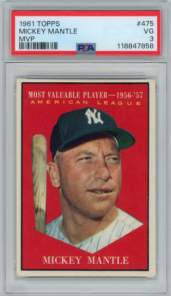 1961 Topps #475 Mickey Mantle AL MVP New York Yankees HOF PSA 3 VG (65534)