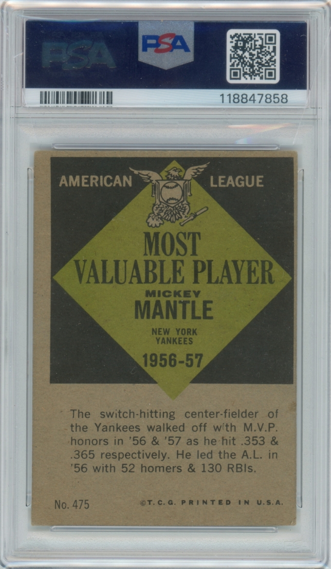 1961 Topps #475 Mickey Mantle AL MVP New York Yankees HOF PSA 3 VG (65534)
