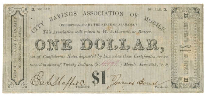 1862 City Savings Association of Mobile AL $1 Scrip Gunther-Derby Plate Note