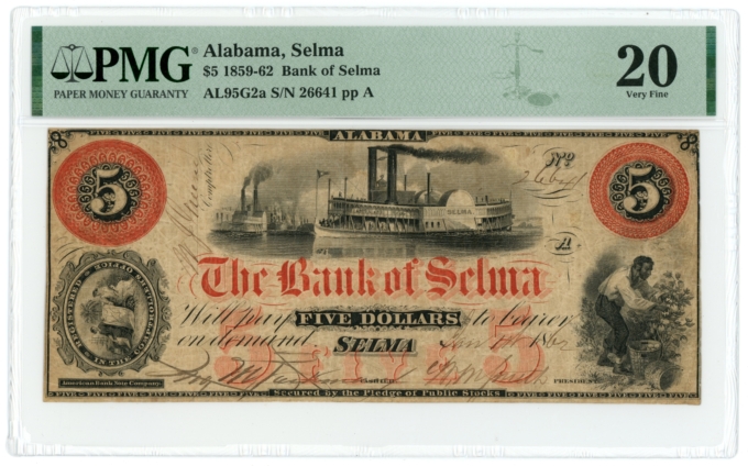 1862 Bank of Selma Alabama AL $5 Obsolete Note PMG VF20 (65579)