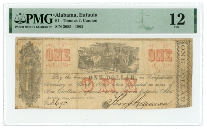 1862 Thomas J Cannon Eufaula Alabama AL $1 Obsolete Scrip R66-2 R7 PMG F12